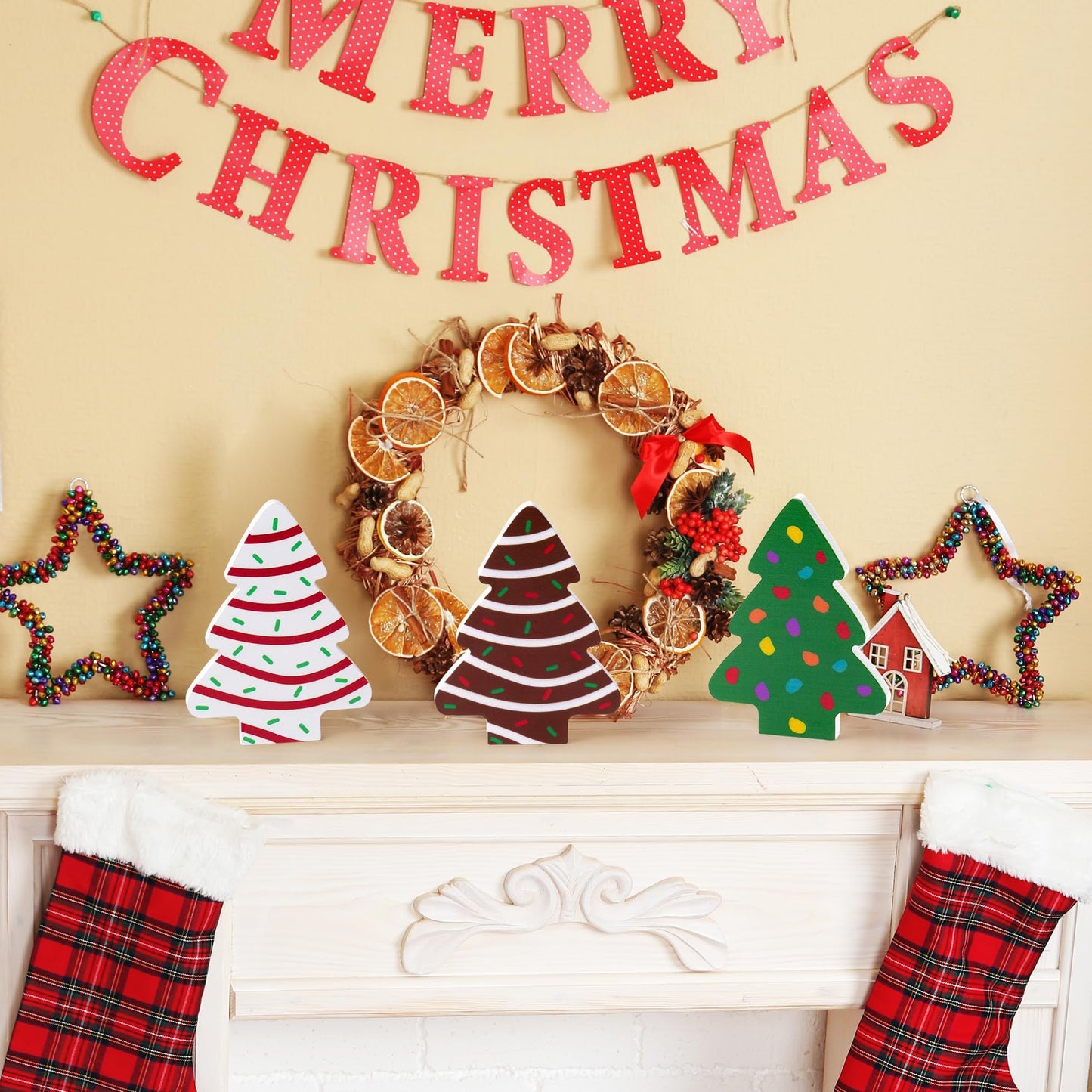 Haooryx Christmas Tree Cake Wooden Centerpiece Decoration - 3Pcs Christmas Tree Wooden Table Decoration Xmas Winter Holiday Tabl