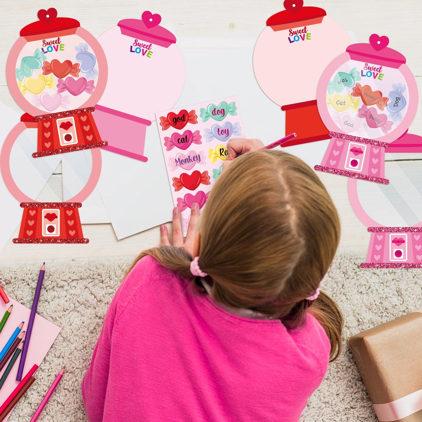 WATINC Valentines Day Gumball Machine Craft Kits, 20Pack DIY Valentines Heart Bubble Gum Machine Crafts Hanging Ornaments with C