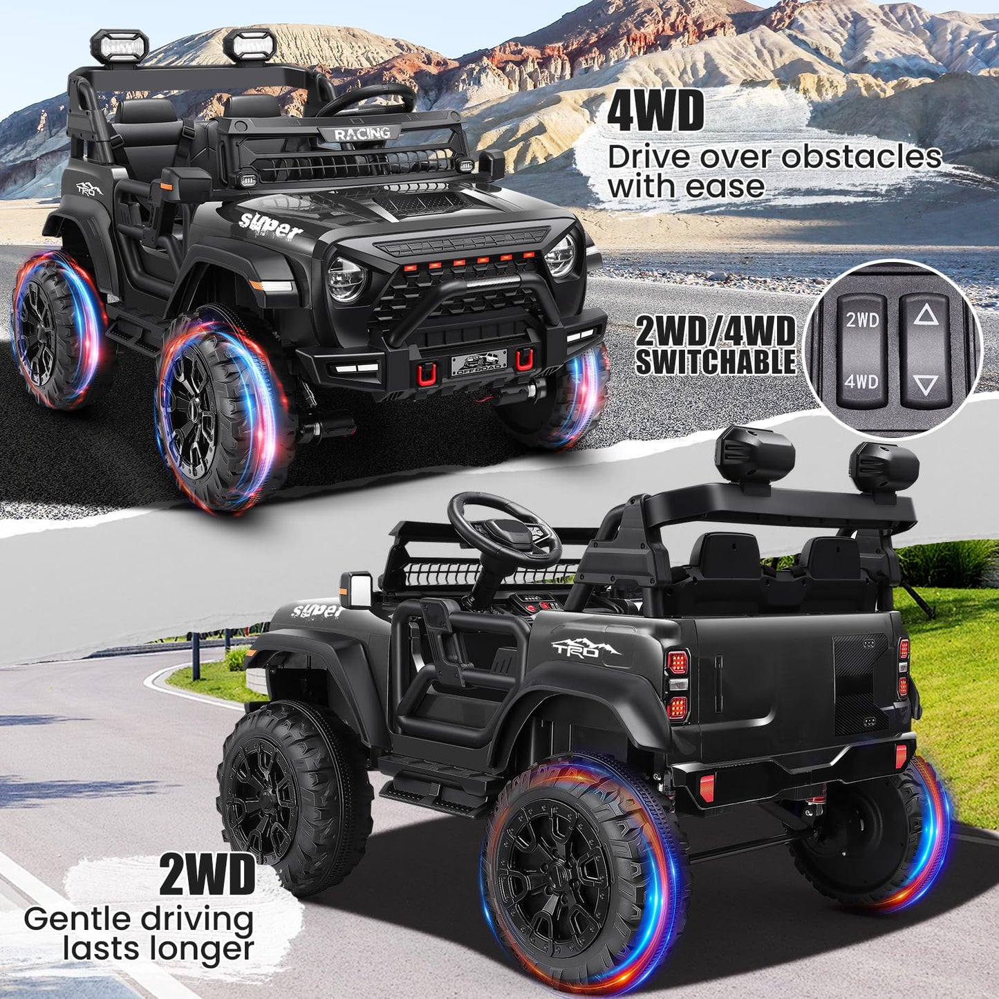 Hikole 2 Seater Ride On Car With Remote Control,24V Battery Powered Electric Truck For Kids,4X100W Motor,Led Headlights,Music Pl