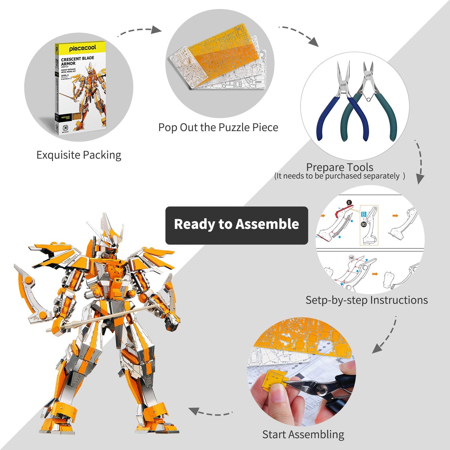 Piececool 3D Puzzles for mature-themeds Metal Mecha Figure Model Kits-Crescent cutting edge protective covering  Brain Teaser Puzzles for Teens DIY STEM Toys  Great Birthday Gifts  285 Pcs