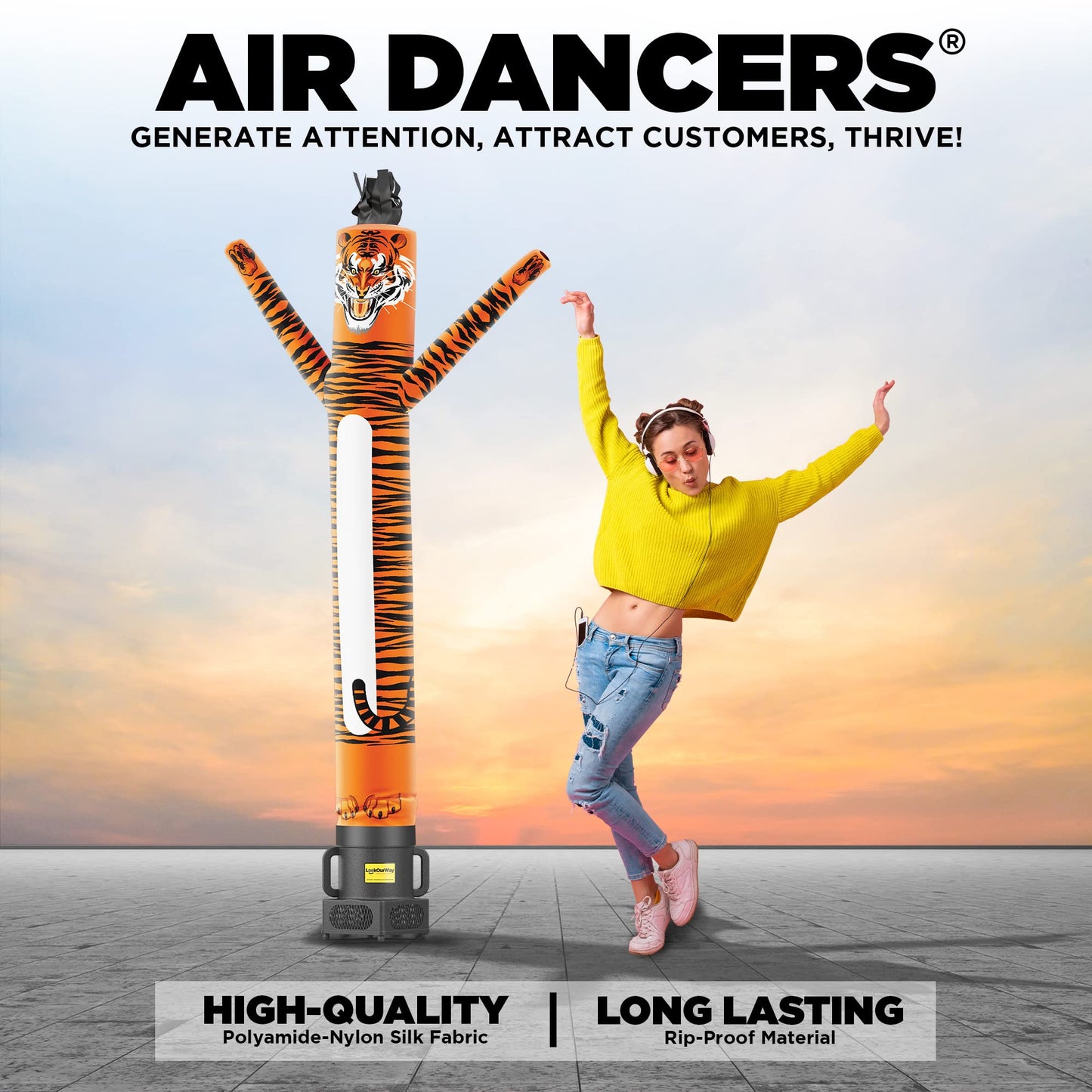 LookOurWay Air Dancers Inflatable Tube Man Set - 7ft Tall Wacky Waving Inflatable Dancing Tube Guy with Weather Resistant Blower - Mascot Character Animal Themed - Tiger