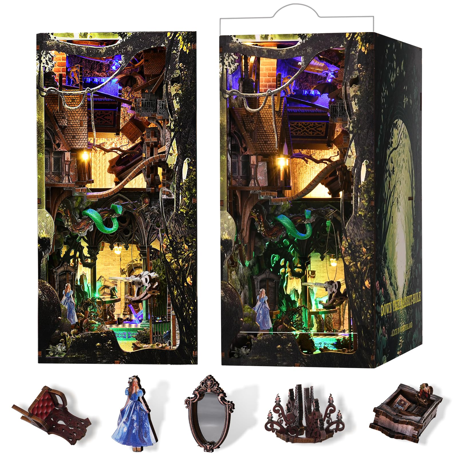 Minicity Diy Book Nook Kit For Adults, 3D Wooden Puzzle Bookend Bookshelf Insert Decor With Led Light And Dust Cover (Down The R