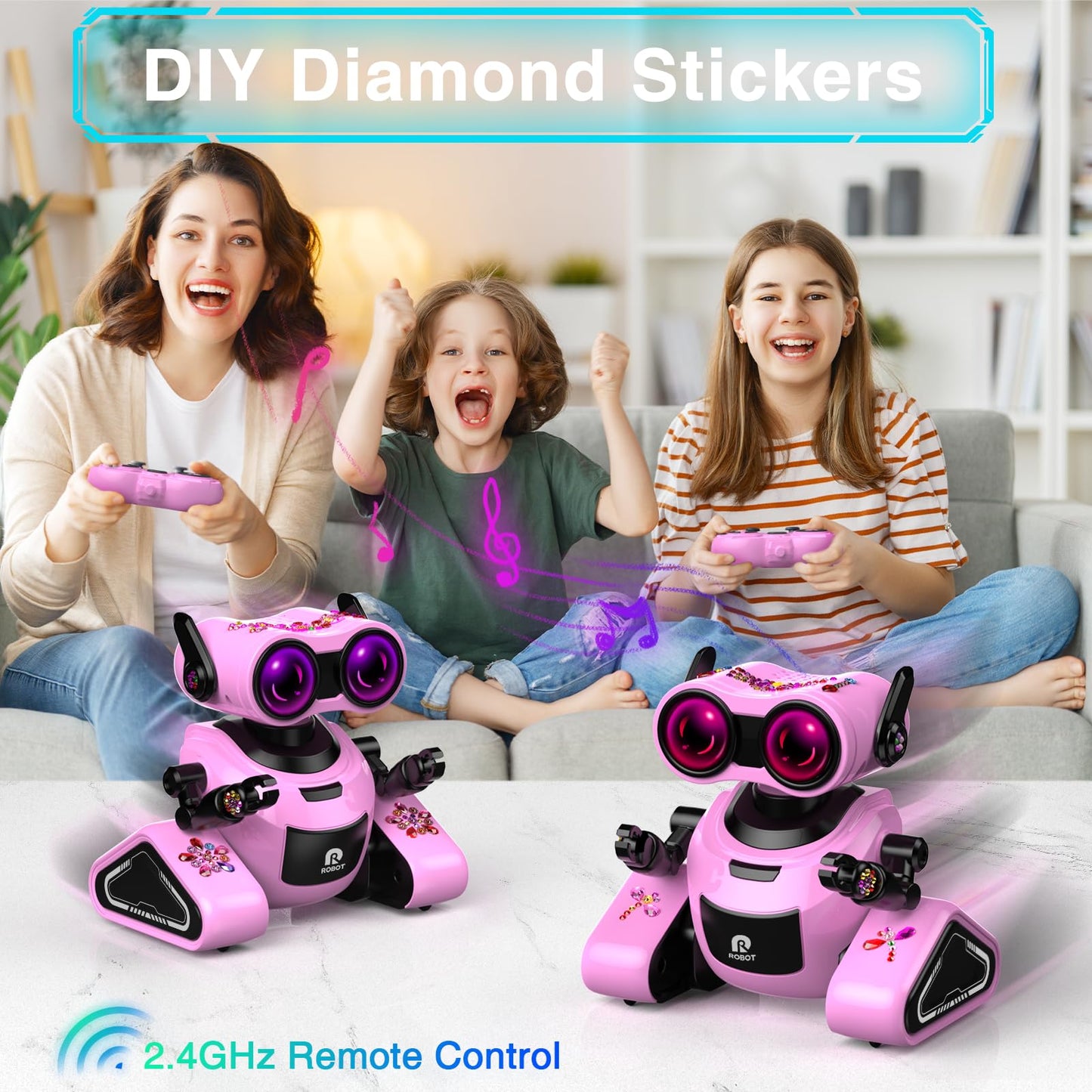 Yerloa Girls Robot Toys with 3D Stickers for 3-5, Baby Easter Toys Remote Control Robot Toy for Kids with Music and 4 Color LED