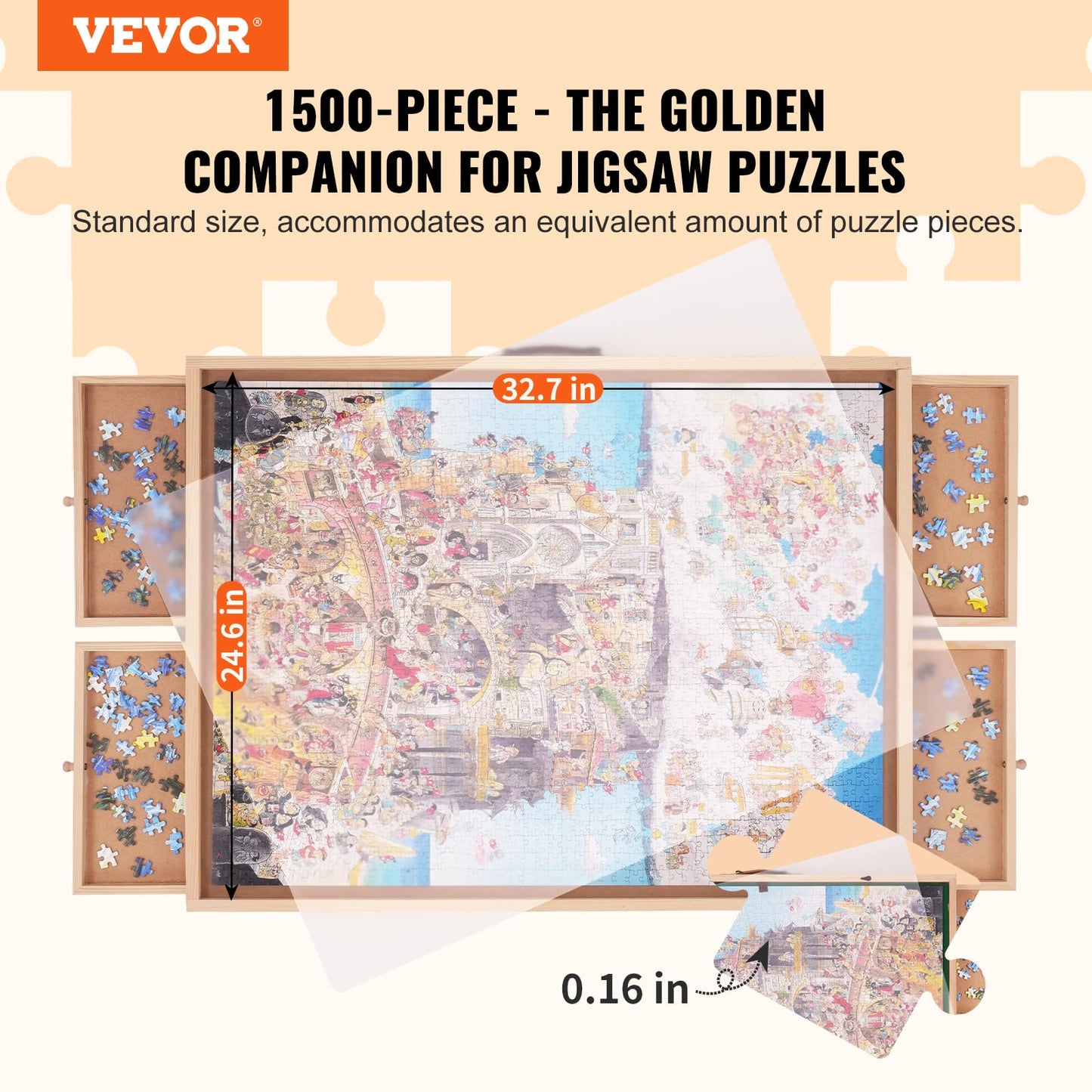 Vevor 1500 Piece Puzzle Table With Folding Legs, 4 Drawers And Cover, 32.7''X24.6'' Wooden Jigsaw Puzzle Plateau, Puzzle Accesso
