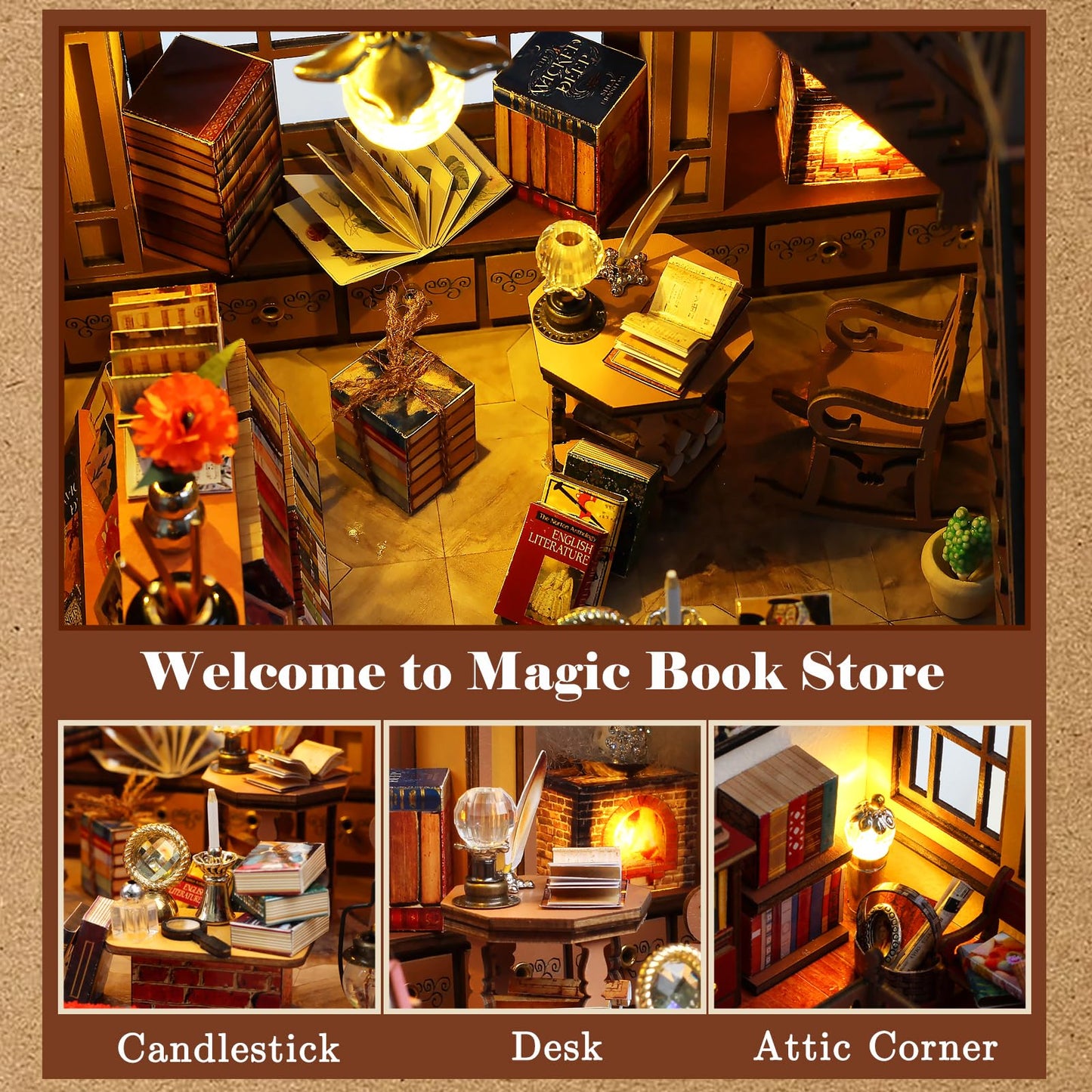 Quanquer Miniature House Kit: Magic Book Store Book Nook With Furniture And Led Light - Diy Kits For Adults - Wooden Doll House - Great Handmade Craft Model - Tiny House Decor Ideal Gifts