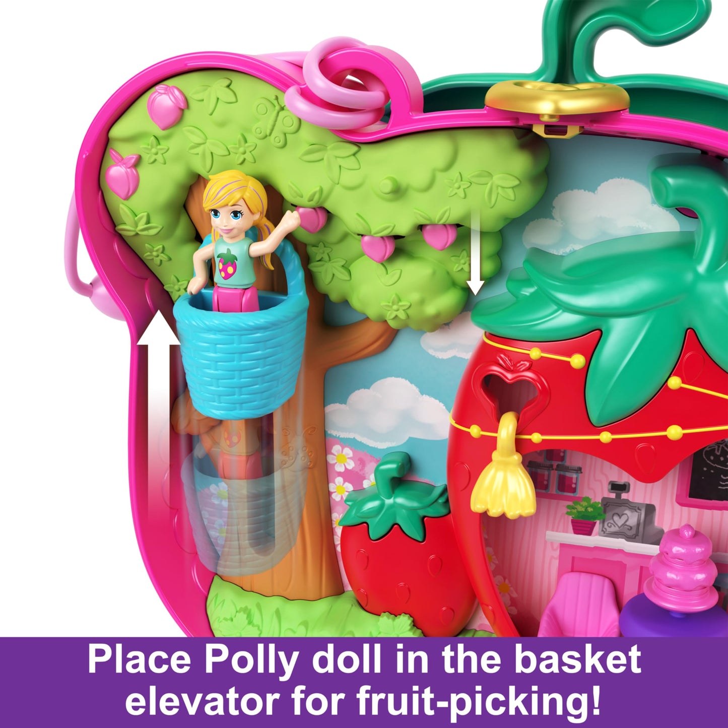 Polly Pocket Playset With 2 Micro Dolls & 12 Accessories, Straw-Beary Patch Compact Travel Toy With Fidget Exterior