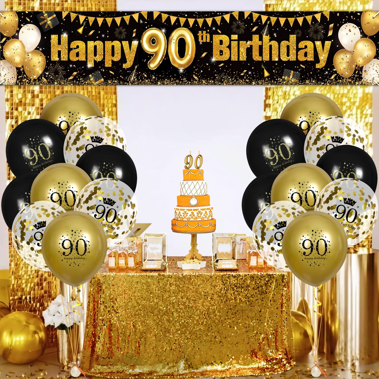 Black Gold 90Th Birthday Decorations For Men Women, Black And Gold Birthday Yard Banner Sign And 18 Pcs 90Th Happy Birthday Balloons For 90Th Anniversary Birthday Party Supplies Outdoor Yard Decor