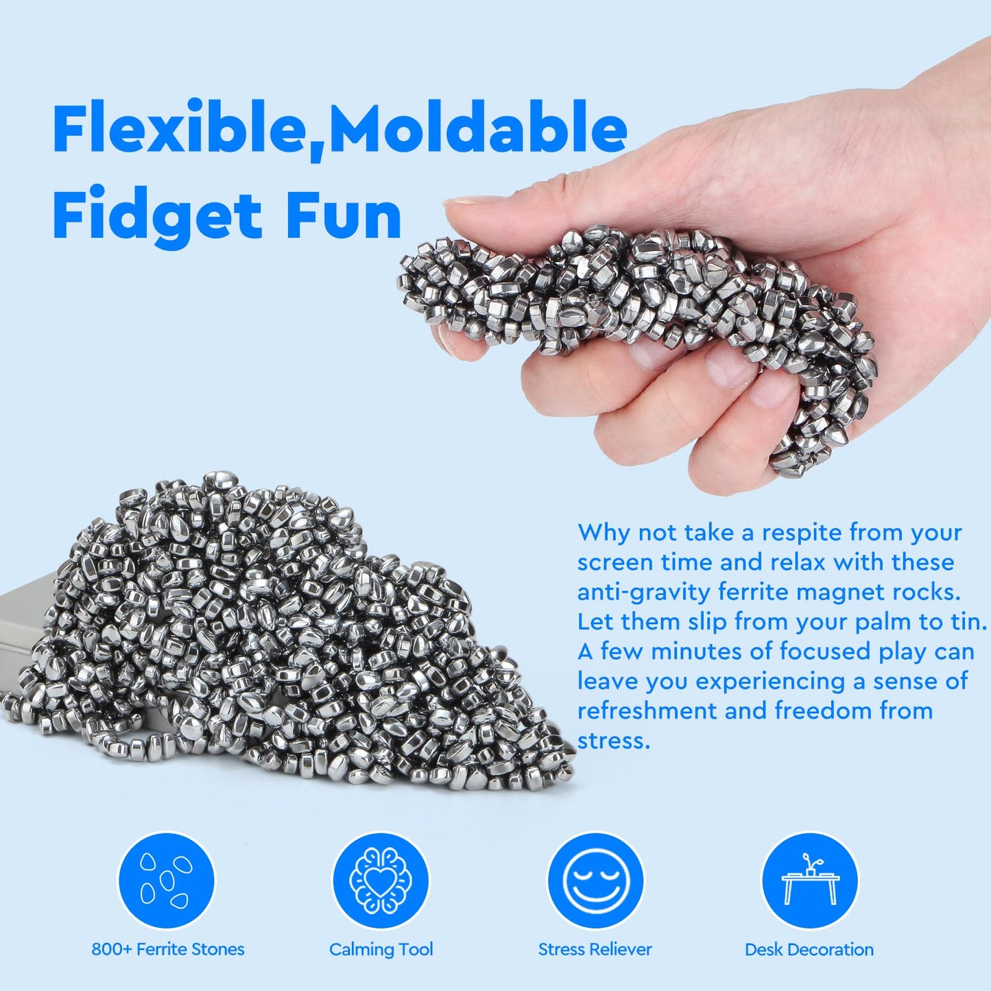 Gimobote Original 800+ Ferrite Putty Silver, Fidget Toy Ferrite Rocks For Stress Relief, Sensory Toy For Adults & Teens 14+, Fer