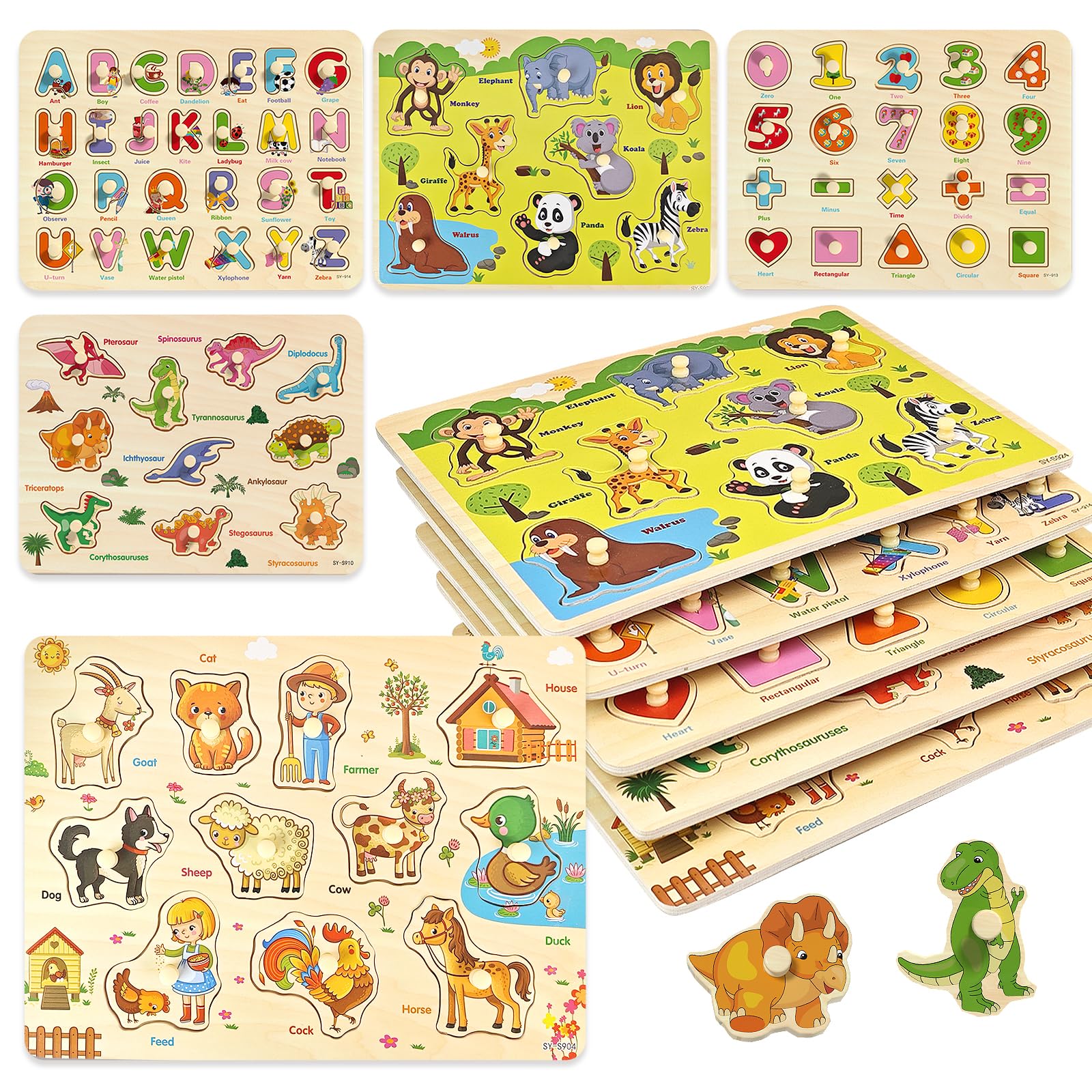 edutree Wooden Peg Puzzle for Toddlers 2-4, 5 Pack Montessori Toys Learning Educational Puzzles for Kids Girls Boys 2 3 4 Yesrs 