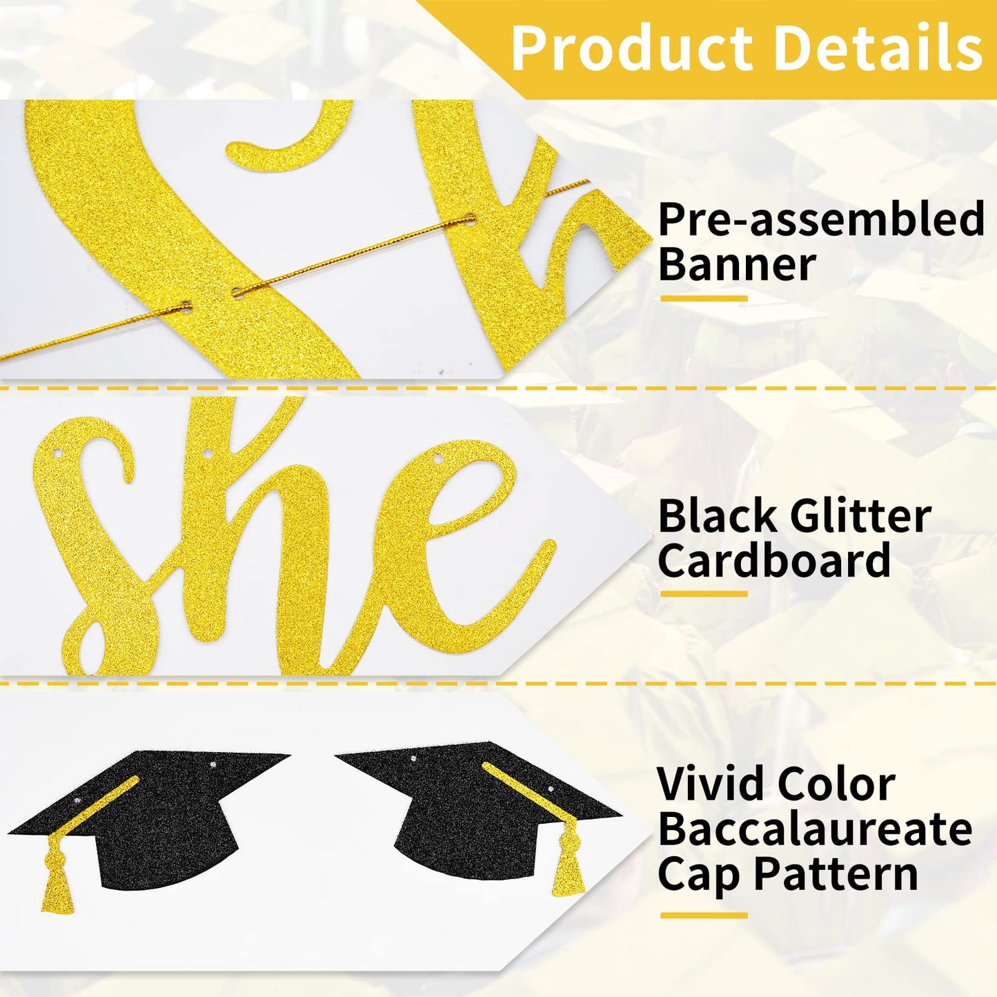 She Believed She Could So She Did Banner Decorations - Gold Glitter She Did It 2024 Garland Graduation Bunting Banner, Congrats