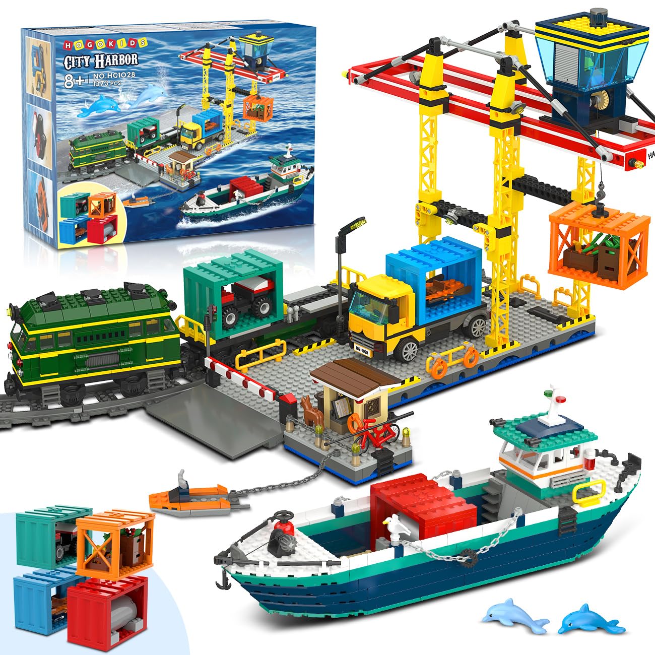 HOGOKIDS City Wharf Building Set with Crane - Includes Ship Train Truck  4 Containers with Cargo Harbor Building Blocks | Large Construction Toy for for mature-themeds Teens Kids Girls Boys 6-14+(1373PCS)
