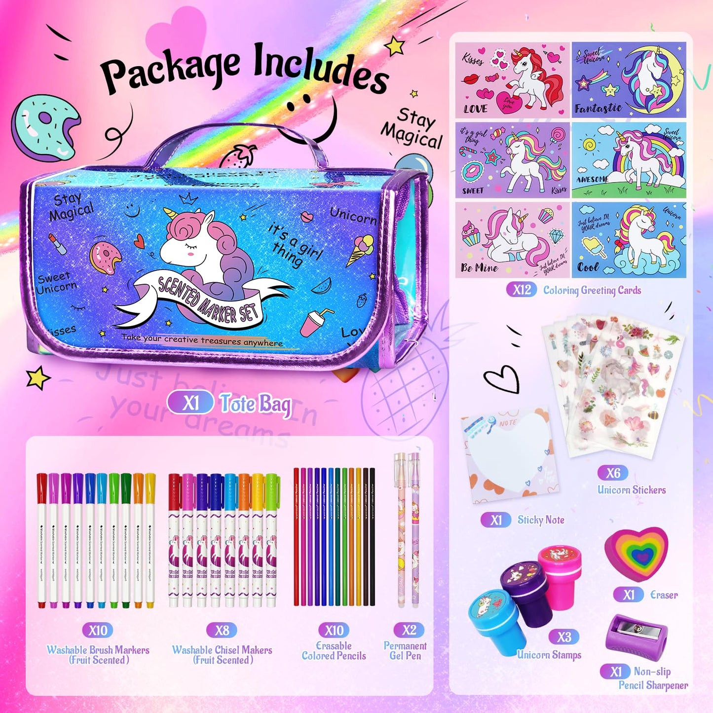 Weirtoya Washable Fruit Scented Markers Set With Unicorn Pencil Case Stationery Set Stem Toys Unicorns Gifts For Girls Birthday