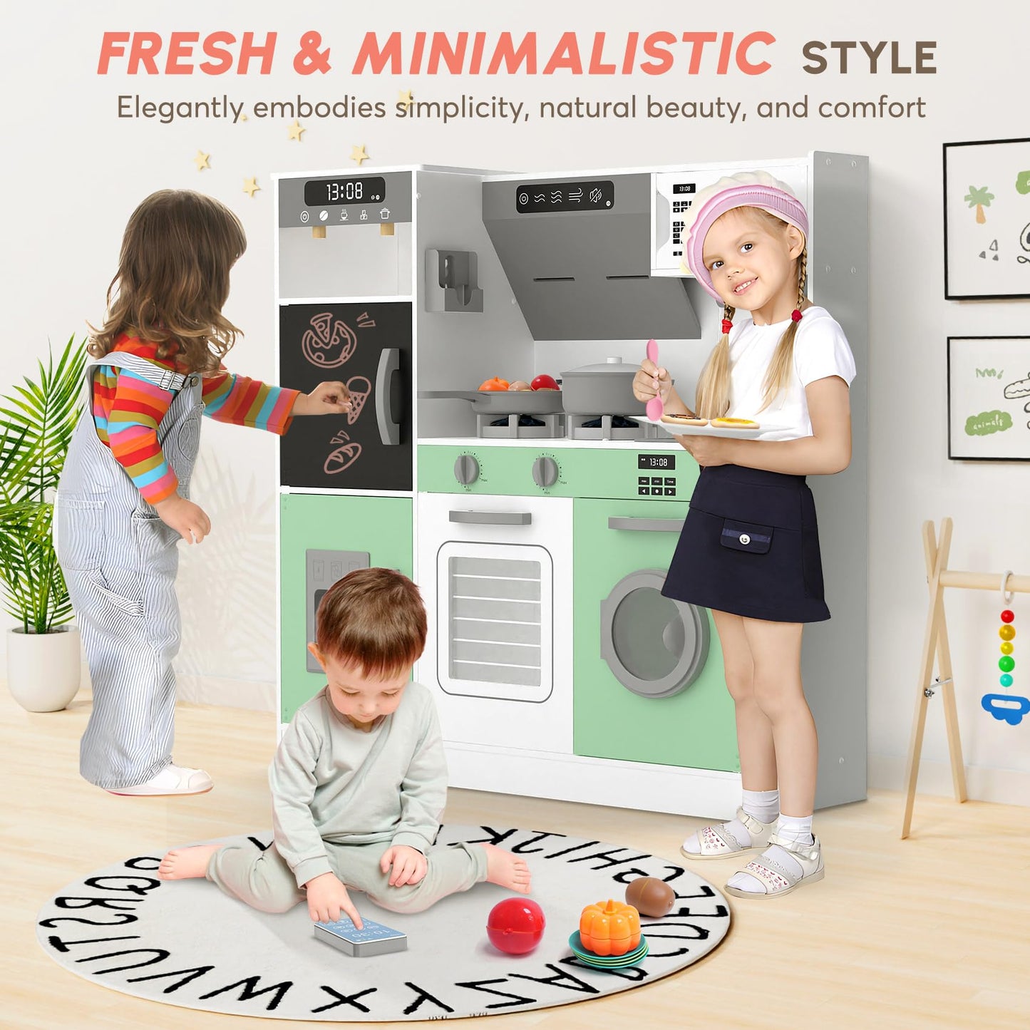 BIERUM Play Kitchen with Realistic Lights & Sounds, Wooden Kitchen Playset with 28 Pcs Toy Food & Cookware Accessories, Toy Kitc