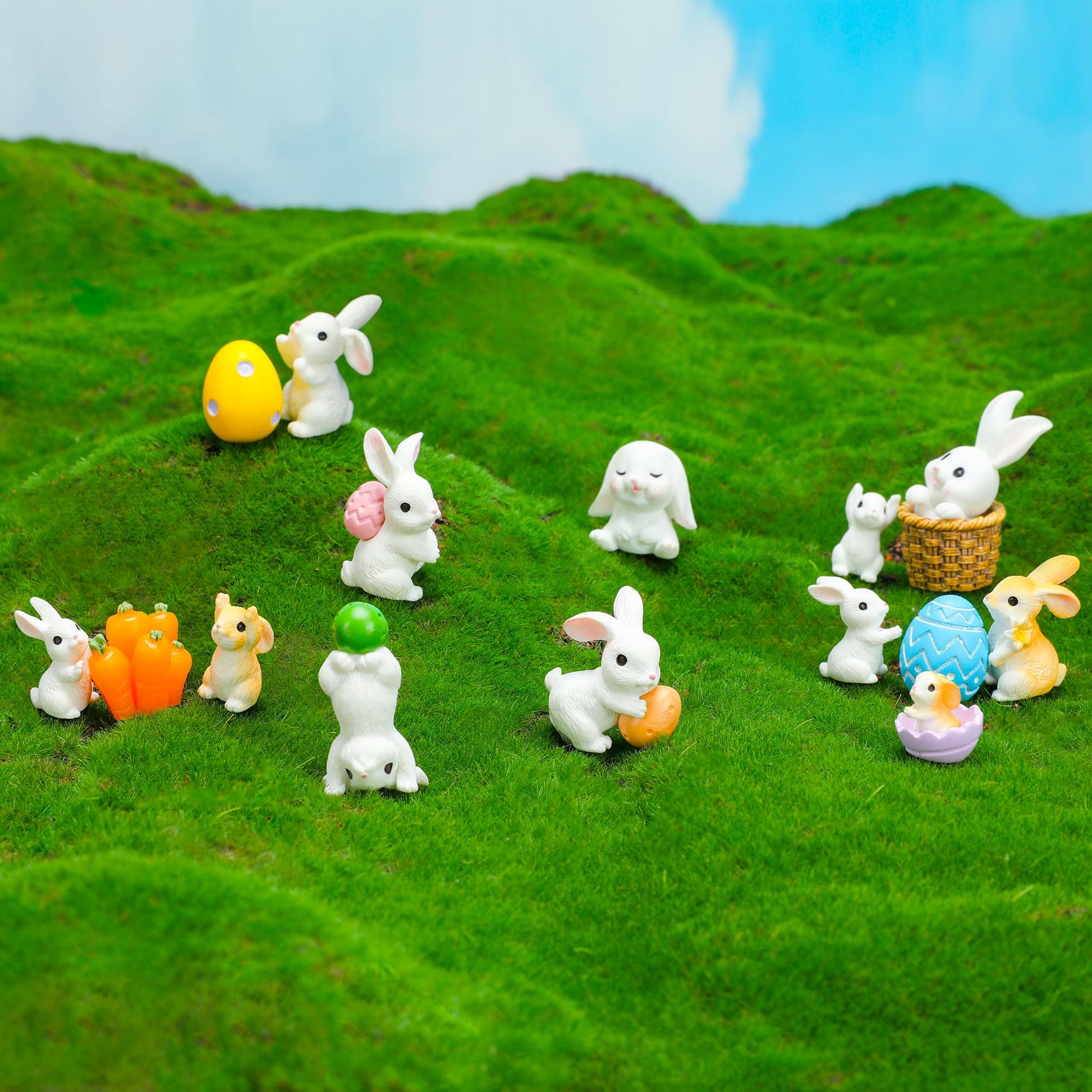 Easter Bunny Dolls, Easter Eggs, Miniature Rabbit Figurines Set,Diy Decorative Items For Miniature Garden Landscaping (17+1)