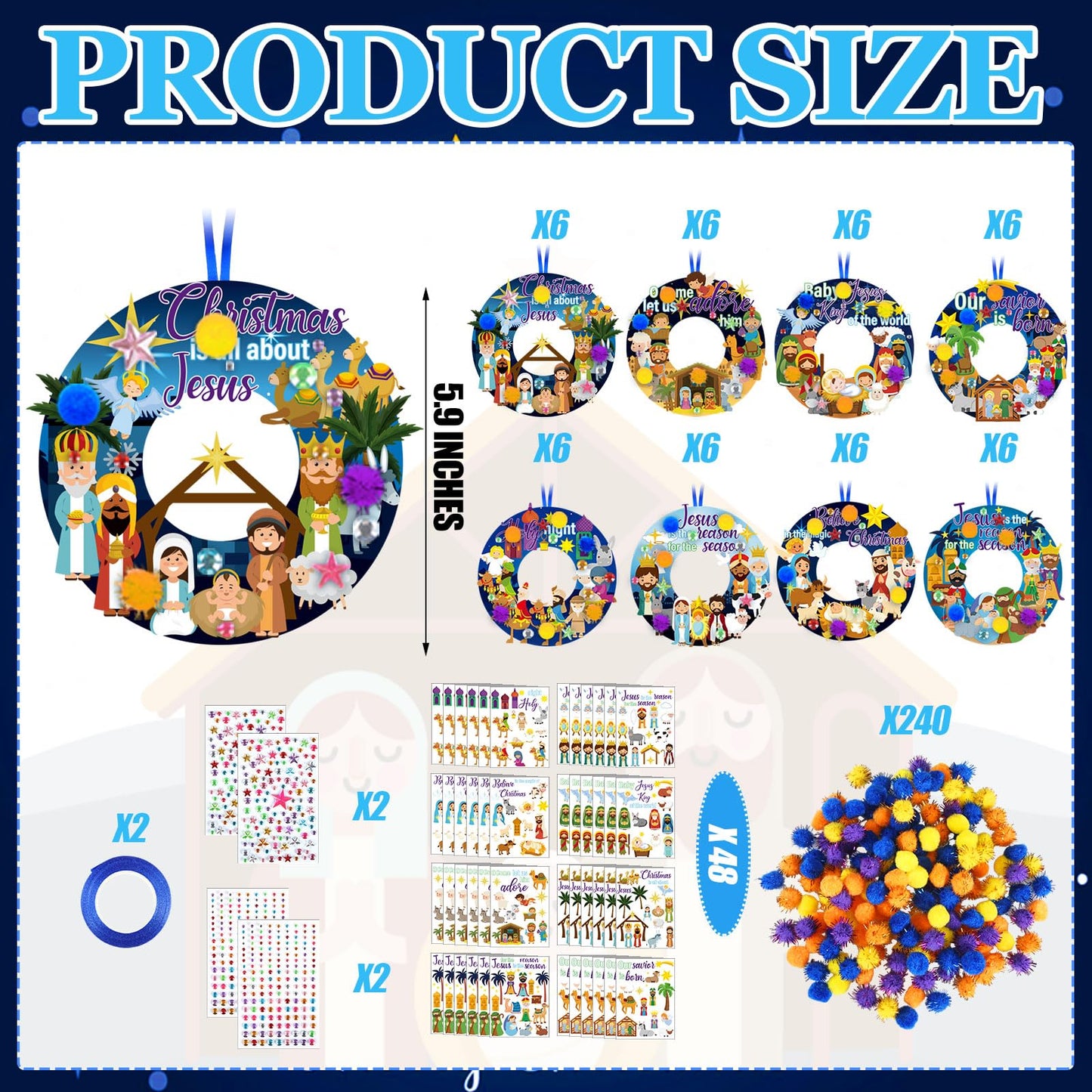 Hollowfly 48 Sets Christmas Nativity Crafts Kits Religious Jesus DIY Wreath Signs Hanging Ornaments Make Your Own Nativity Scene