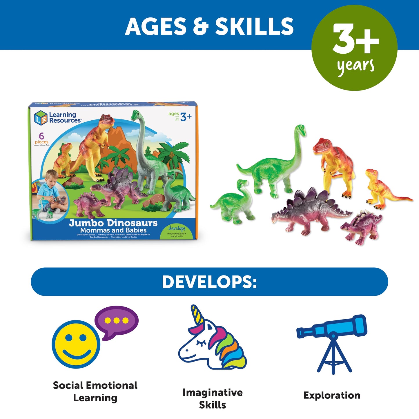 Learning Resources Jumbo Dinosaurs Set - 6 Large Plastic T-Rex, Stegosaurus, Brachiosaurus - Multi-color, Model LER0836