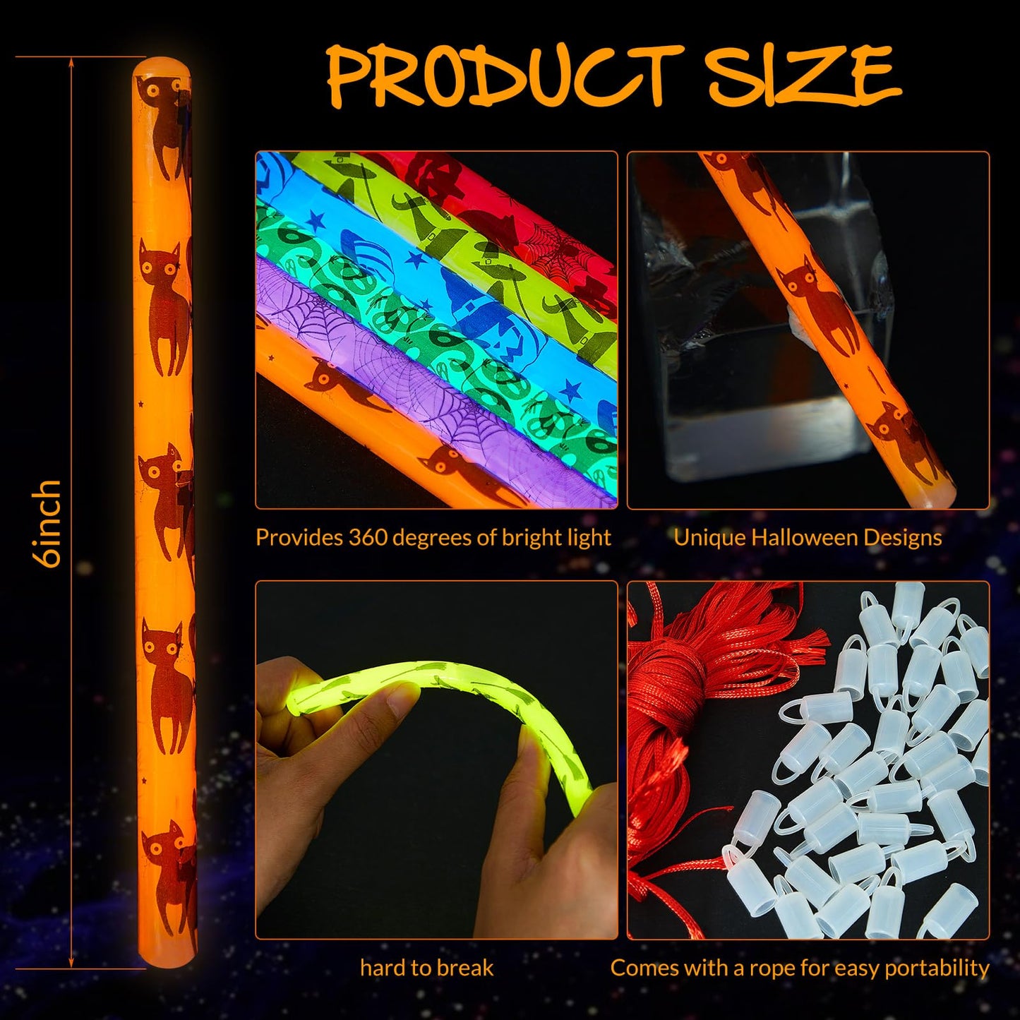 Meooeck 50 Pcs Halloween Glow Sticks Bulk Party Pack, Hanging Wands in 6 Design Bulk for Halloween Party Favors Supplies, Glow i