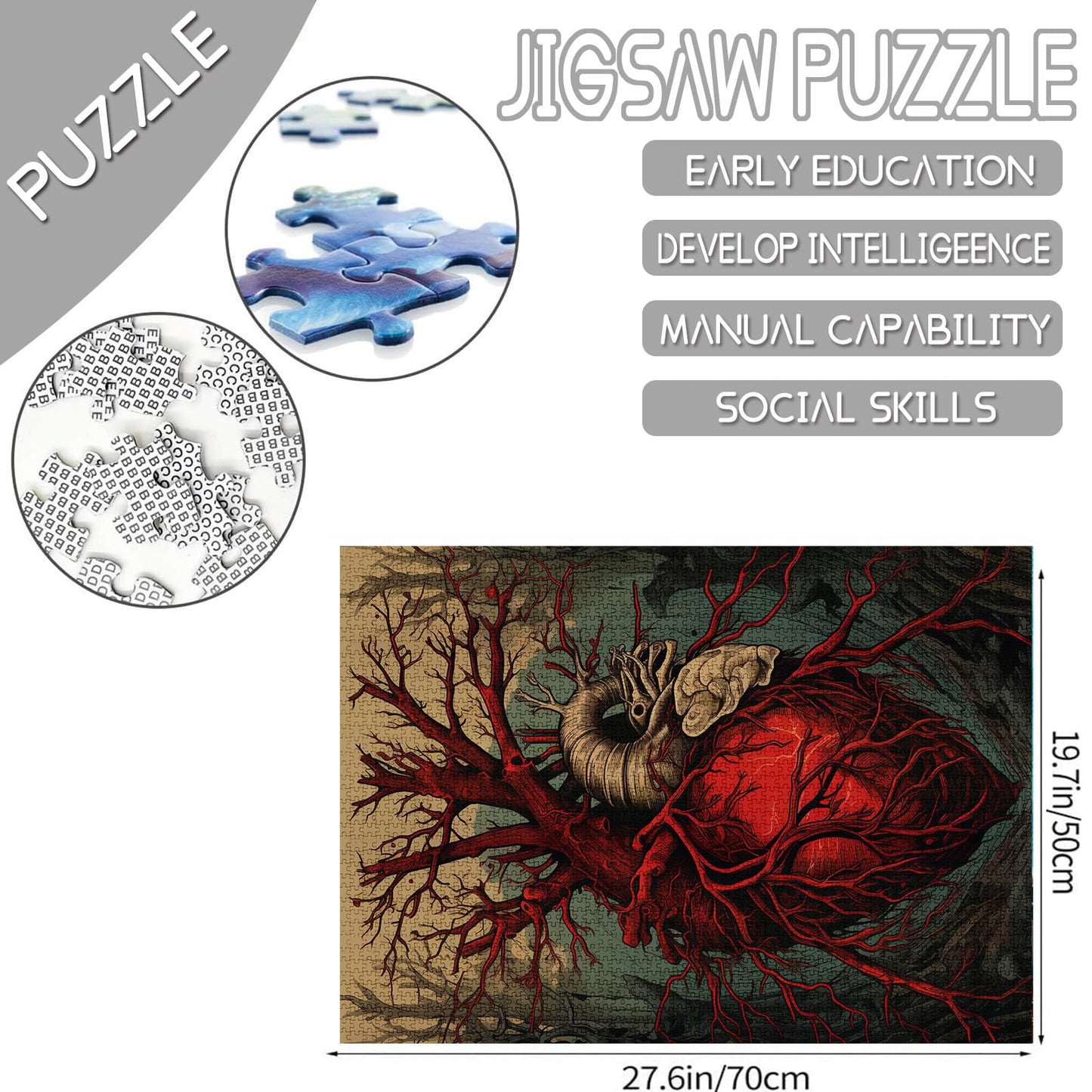 Human Organ 1000 Piece Jigsaw Puzzles for mature-themed Abstract Men Heart Painting Jigsaw Puzzle Body Structures 1000 Pieces Puzzles Game Nordics Wall Decor DIY Craft Anatomy Puzzle Art Hospital Decor(Grey)