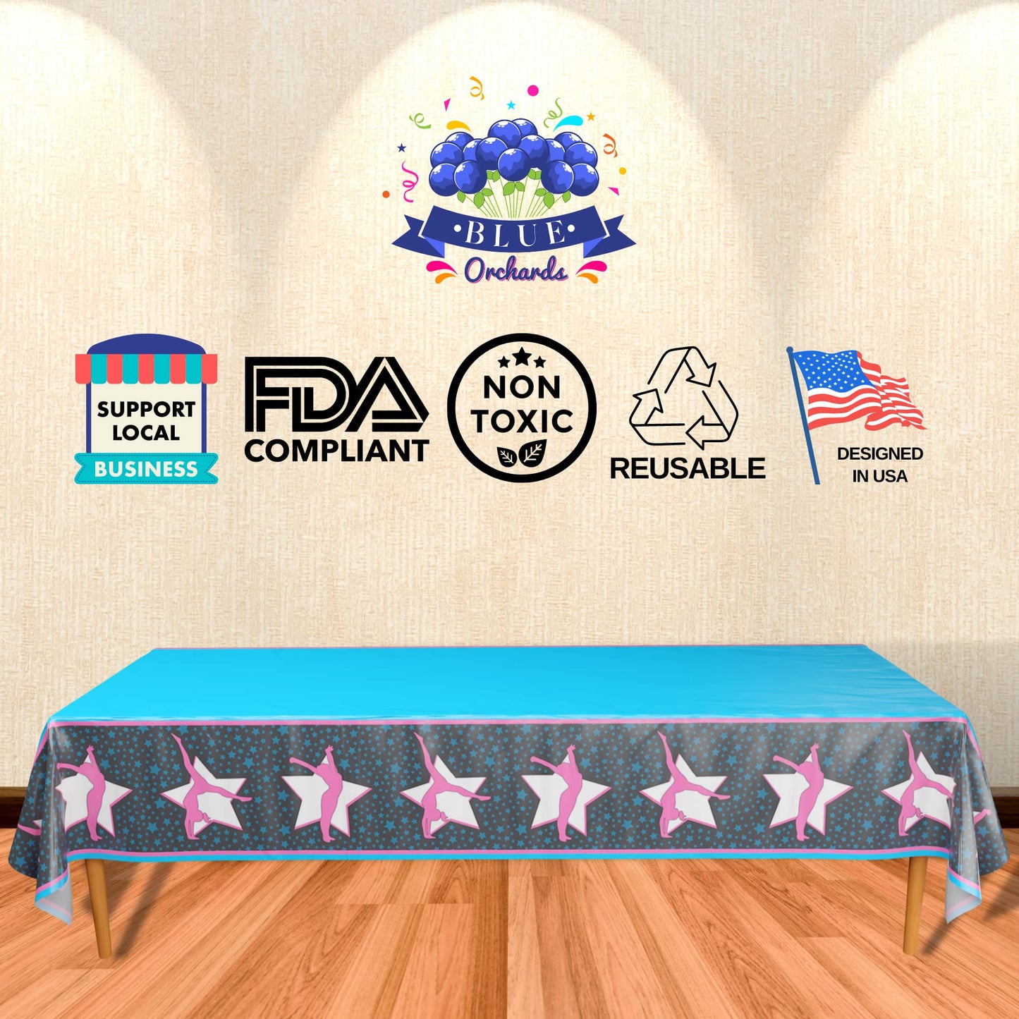 Blue Orchards Gymnastics Table Covers (Pack Of 3) - 54'X108' Xl - Gymnastics Birthday Party Supplies, Gymnast Theme Party, Gymnastics Tablecloth, Gymnastics Table Cover, Gymnast Birthday