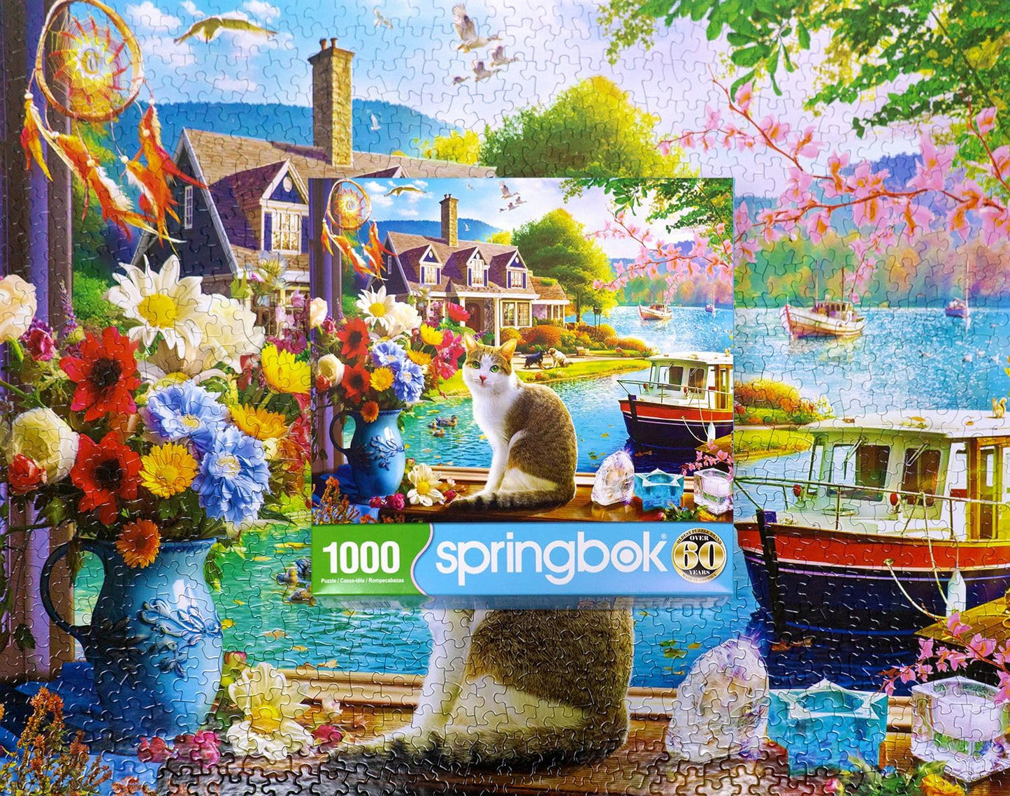Springbok Crisp Morning 1000 Piece Jigsaw Puzzle For Adults And Families - Features A Cat Enjoying A Lakeside View - Finished Si