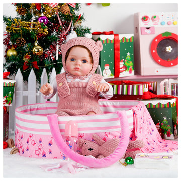 Artst 9Pcs Reborn Baby Doll Accessories With Bassinet,Baby Doll Clothes Knitted Outfit For 17-22 Inch Newborn Girls