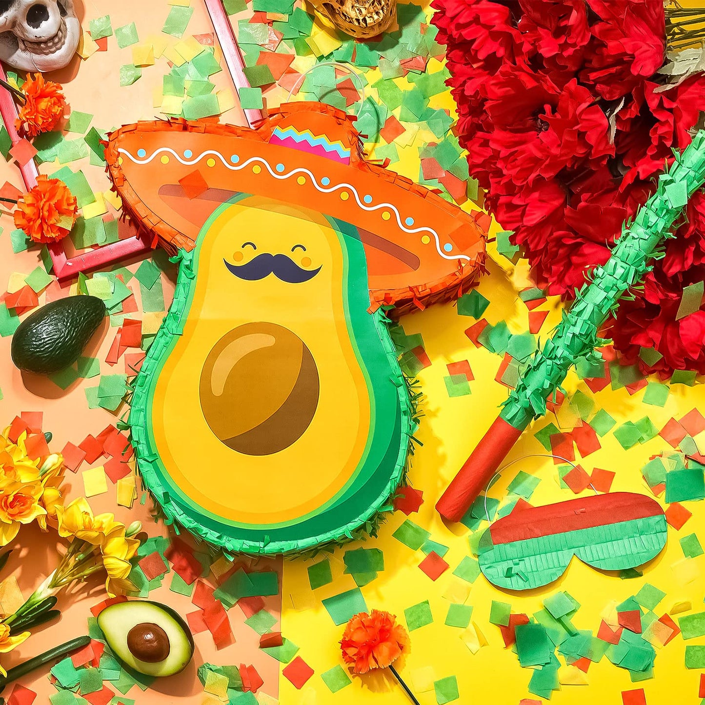 Avocado Piata Mini Sombrero Hats Mexican Fiesta Game Favors with Piata Stick Blindfold Confetti Set, 15.4 x 13 x 3 Inch