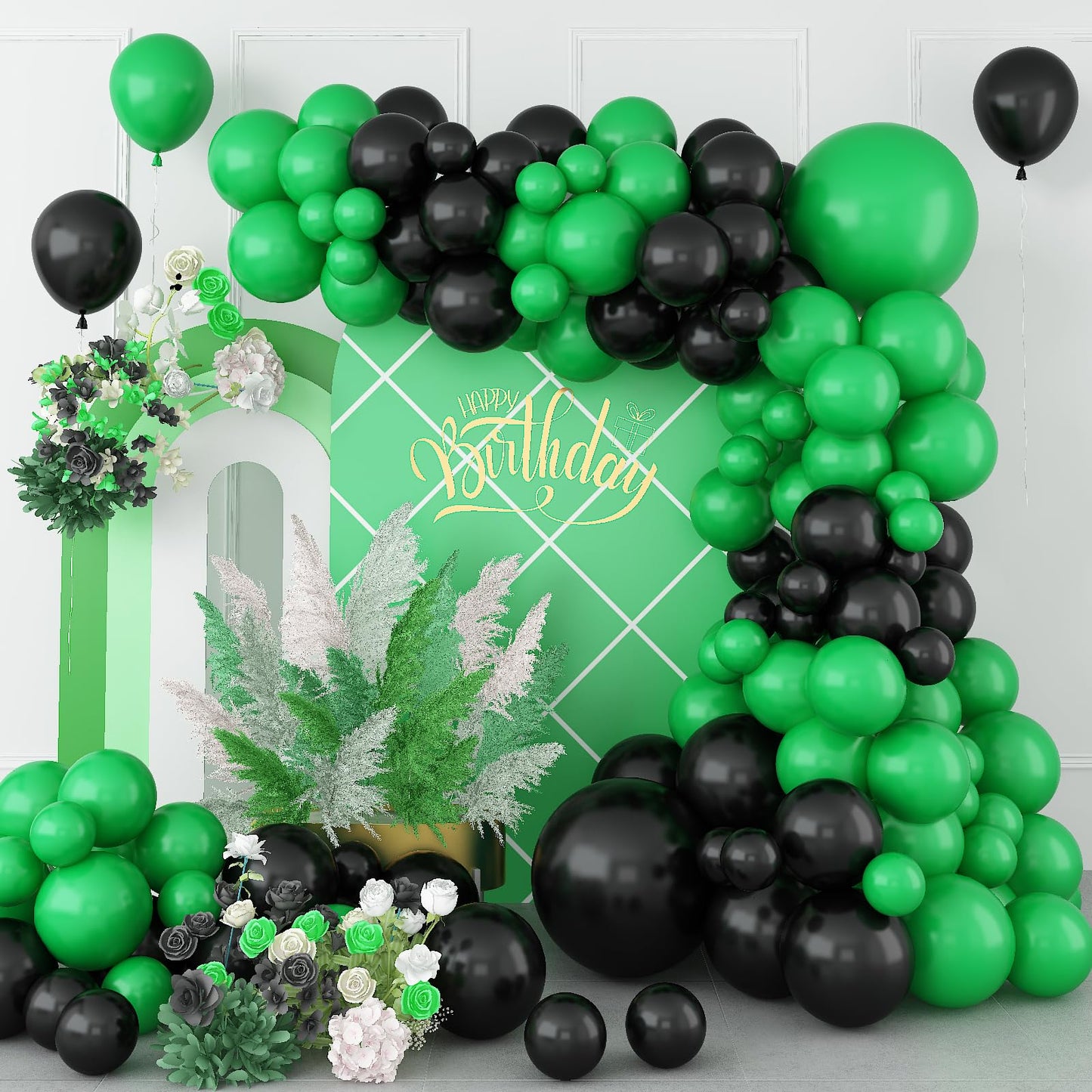 Green And Black Balloon Garland Kit, Black Balloon And Green Balloon, Dark Green Birthday Decorations With Dark Green Black Ball