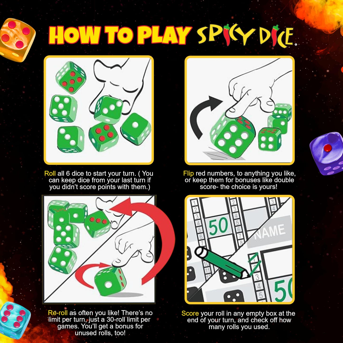 Spicy Dice Quad Dice Set - 4 Unique Colors Of Pearlized Dice For Adults And Families. Elevate Game Nights, Dice Games, And Table