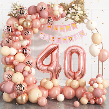 40Th Birthday Decorations For Women,Rose Gold 40Th Birthday Balloon Arch Garland Kit With Happy 40Th Birthday Number 40 Foil Bal