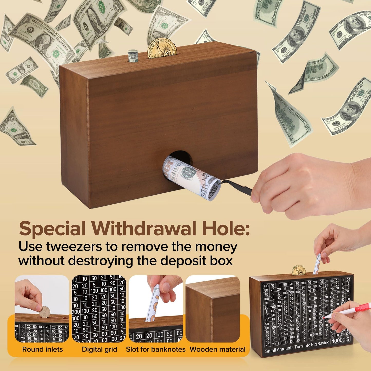 Larger Wooden Money Box For Cash 10,000 And Multiple Savings Goals Cash Vault Saving Box Challenge Piggy Bank For Kids Adults Re