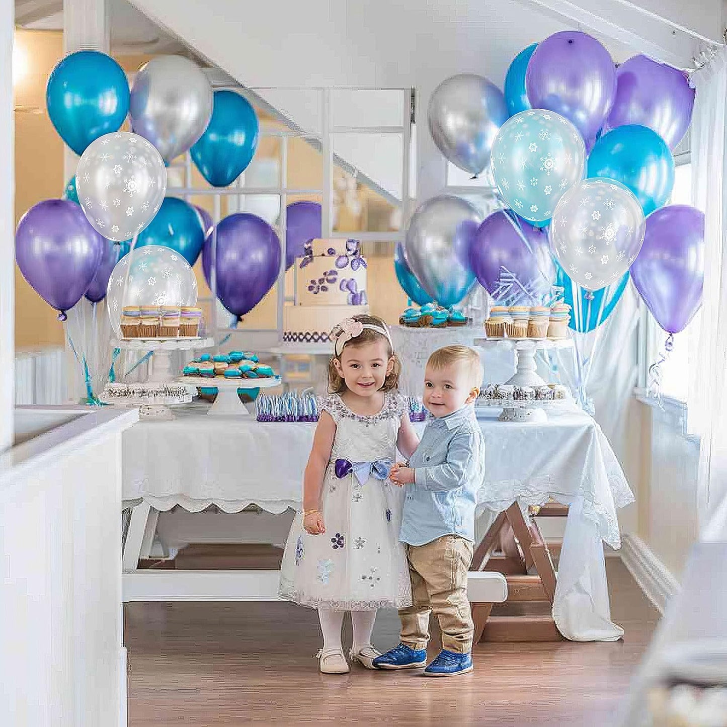 Jobkoo Frozen Balloons, 12 Inch Purple Blue Party Balloon Snowflake Balloons Metallic Silver Blue Purple Latex Helium Balloons F