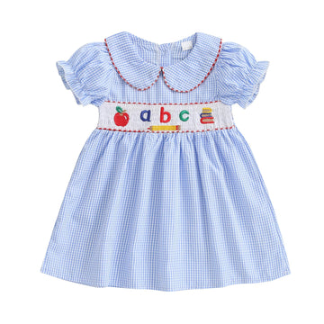 Toddler Girl Back To School Clothes Embroidery Smocked Dress Doll Collar Sundress First Day Of Pre Kindergarten Outfit (Abc Appl