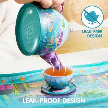 JOYIN Mermaid Tea Set for Toddlers Tea Party Set for Children Kids Pretend Role Play Tin Teapot Set with Cups, Plates and Carryi