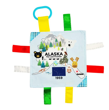 Baby Jack & Co 8X8” Learning Lovey Tag Toys For Babies - Baby Crinkle Toys - Crinkle Toys For Baby - Soft & Safe - Learn Usa State Facts - Ideal Baby Toy Bpa Free W/Stroller Clip (Alaska)