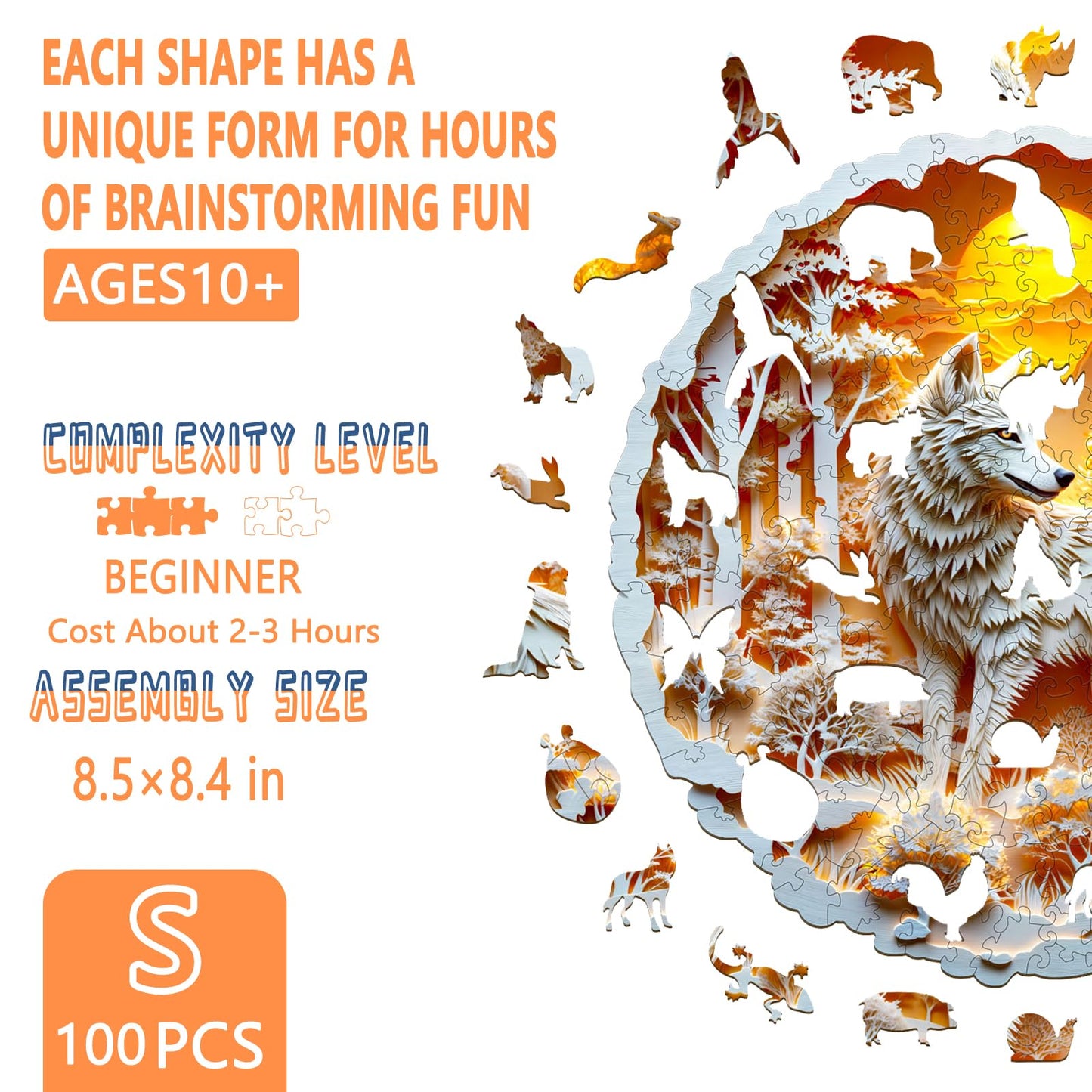 Wooden Puzzles for mature-themeds -Wolf Puzzle  Flat Puzzle with 3D Visual Effect  Irregular Shape Wood Puzzles mature-themed  Paper Sculpture Wall Art Home Decor  Gift for Family  Friends (S-8.5 * 8.4in 100 Pieces)