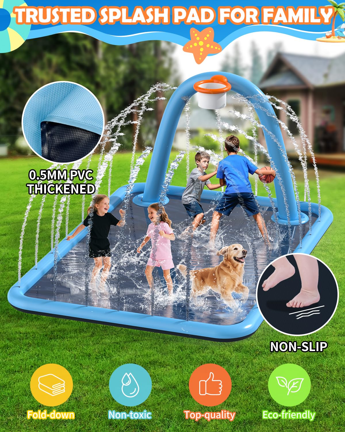 Octplay Splash Pad for Kids & Dogs, 102x87'' Large Sprinkler Pad Water Toys with Basketball Hoop, Thickened Non-Slip Splash Mat,