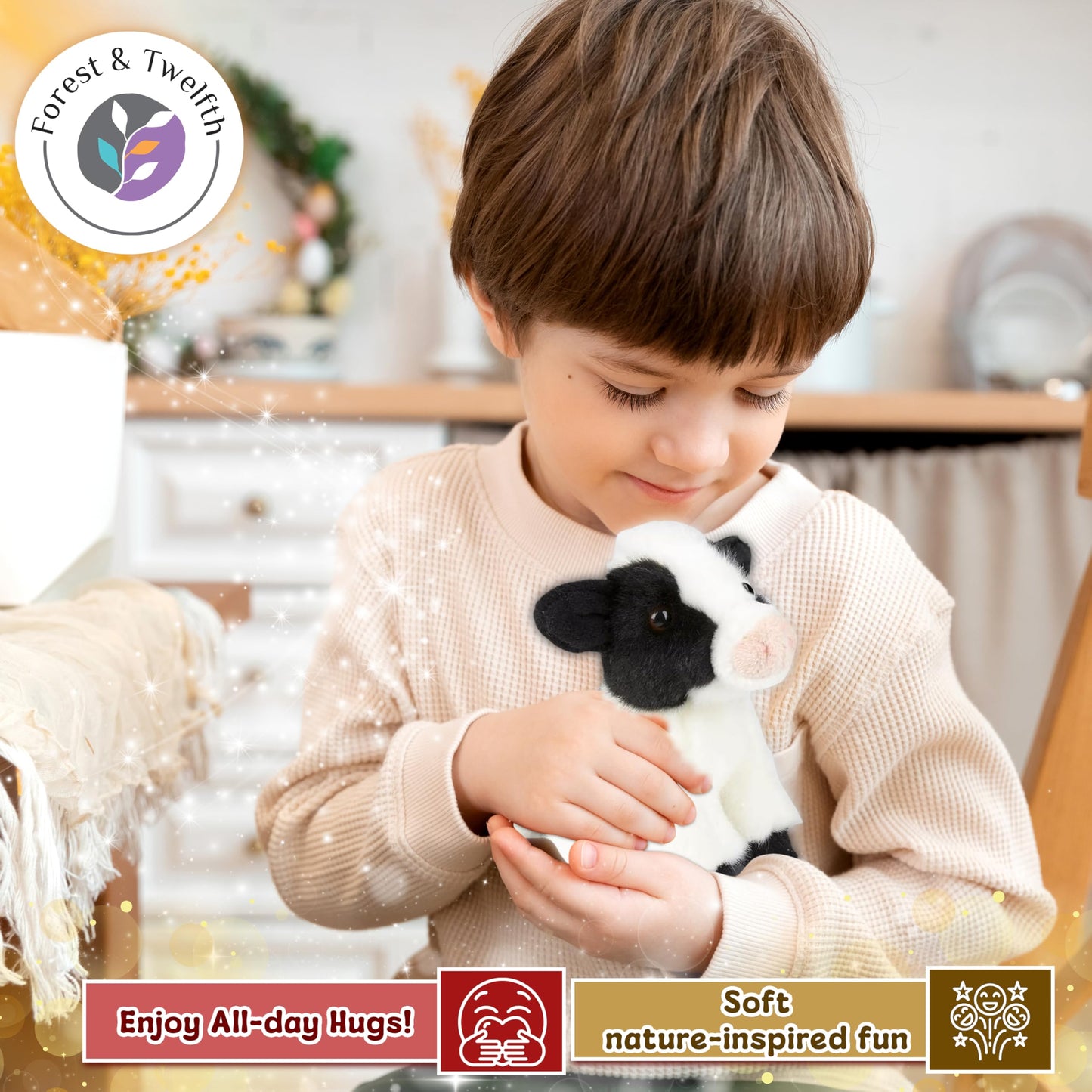 Forest & Twelfth 6'' Stuffed Cow Soft Plush Toy, Cute Stuffed Animal For Boys And Girls, Realistic Looking Small Stuffed Animals