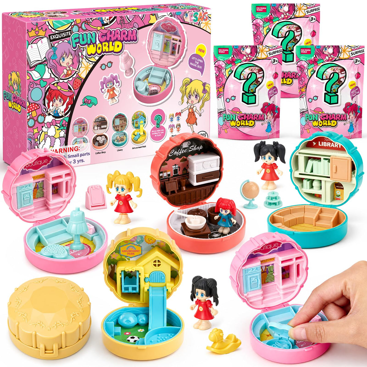 ESAG 12 Pack Micro Dolls & Playset with Blind Bags, Compact Miniature Playset with Pretend Play Accessories (4 Styles), Party Fa