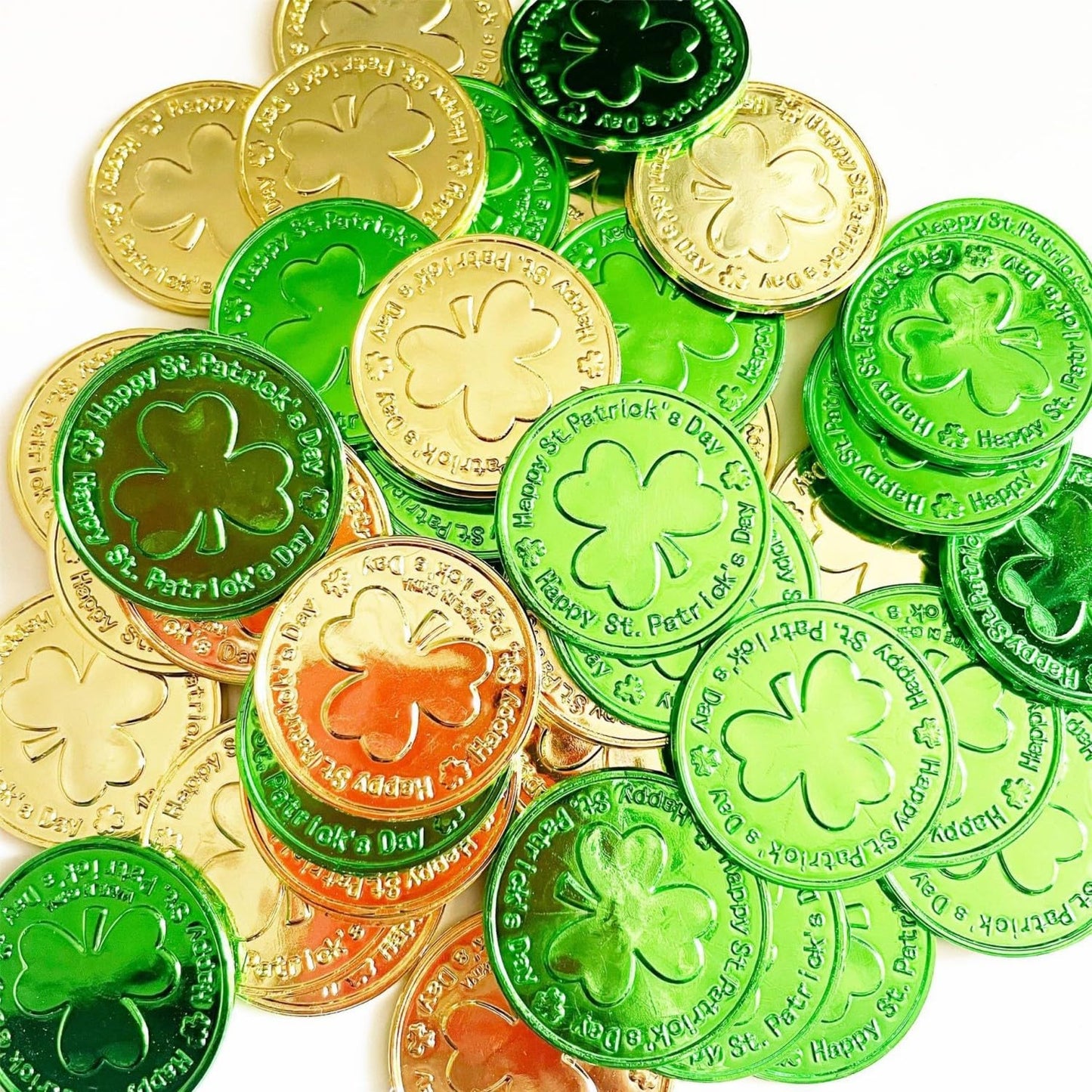 Lippbest St Patrick's Day Gold and Green Lucky Coins - 120 Pcs Plastic Shamrock Leprechaun Coins for Irish Party Table Decoratio