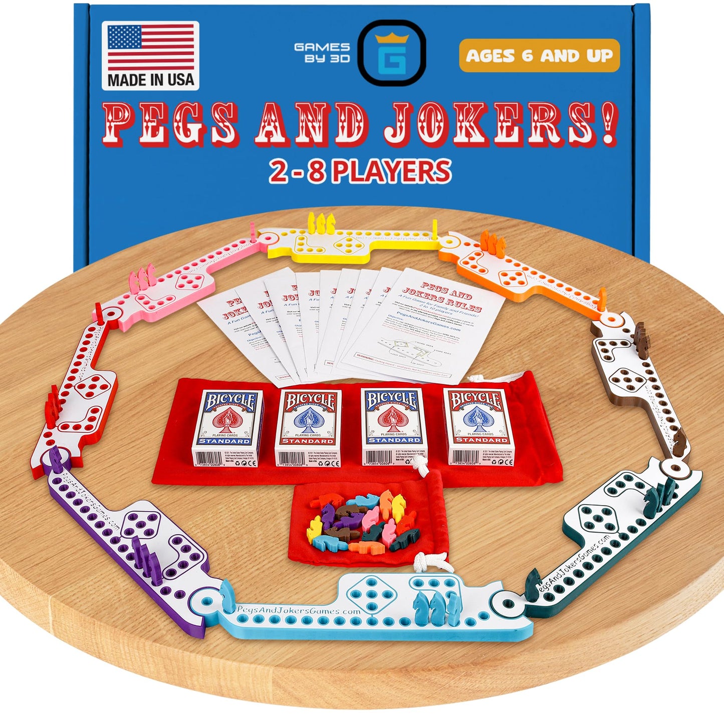 GAMES BY 3D Pegs and Jokers Board Game - Portable Fun for 2-8 Players - Red Plastic - Easy to Learn with Horse-Head Peg & Cards