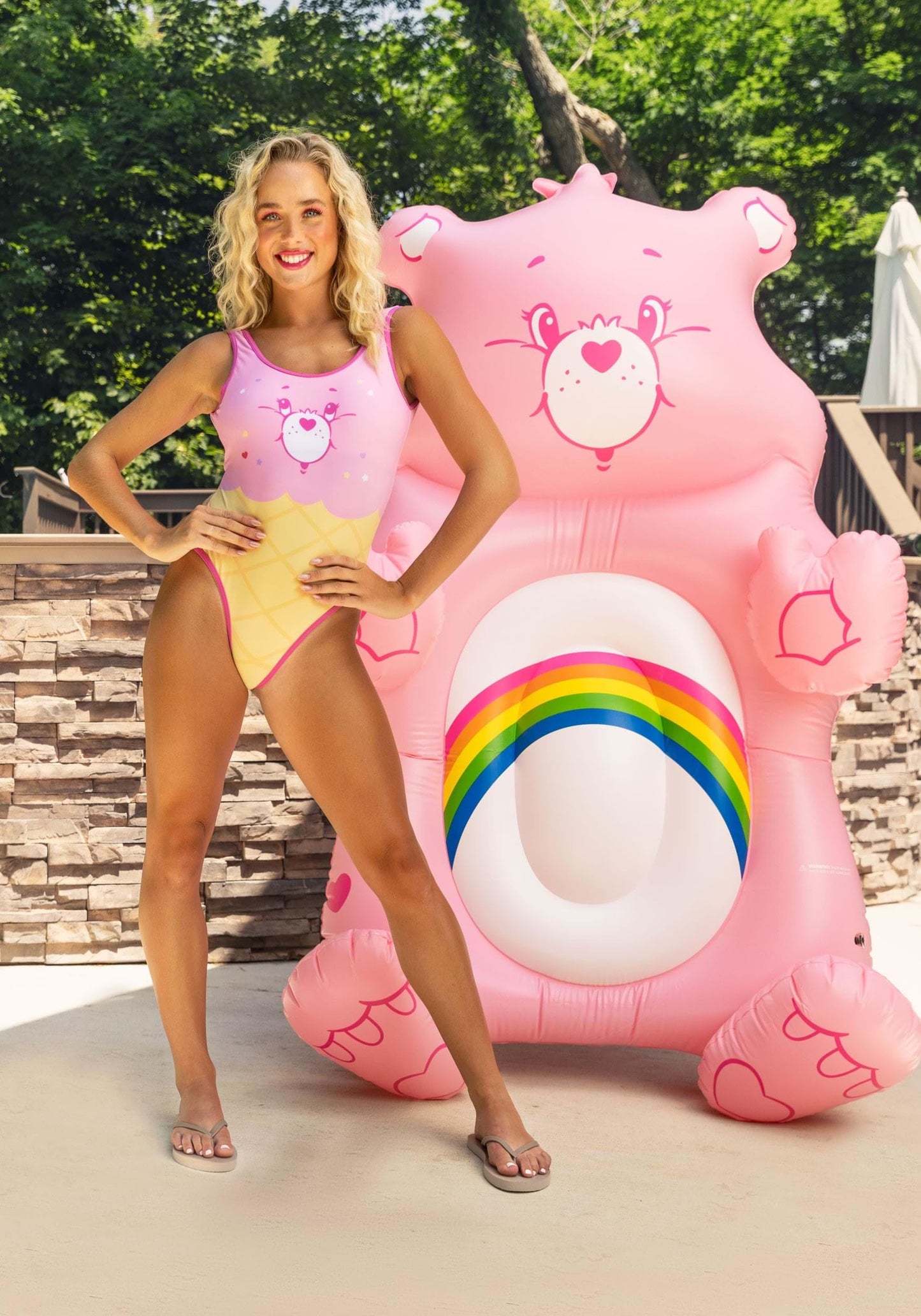 FUN.COM Cheer Bear Pool Float - Pink Vinyl Inflatable, Cheer Bear Size