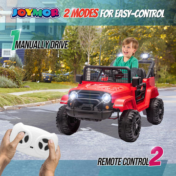 Joymor 12V Kids Ride On Truck With Remote Control, 4 Wheels Battery Powered Kids Car, Electric Play Car With Led Lights/Horn/Remote And Manual Control/3-5 Mph Speed/Gift For Girl Boy (Red)