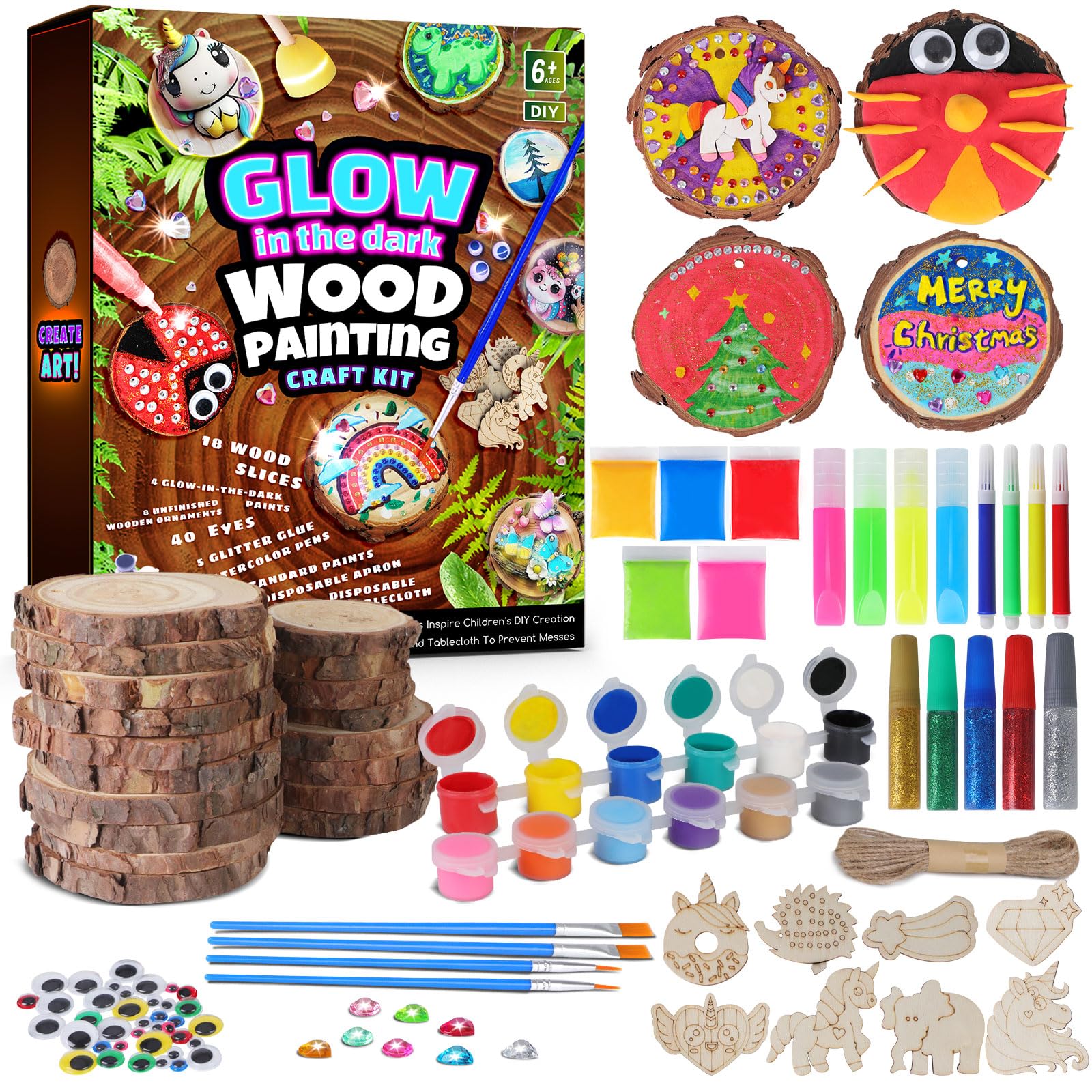 EPUMP Kids Wooden Painting Kit - Glow in The Dark Arts and Crafts Supplies for Boys Girls Ages 5-12 - Wood Slice Craft Activitie