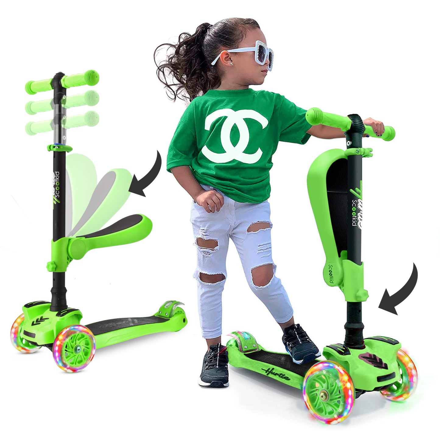 Hurtle 3 Wheeled Scooter for Kids - 2-in-1 Sit/Stand Child Toddlers Toy Kick Scooters w/ Flip-out Seat, Adjustable Height, Wide 
