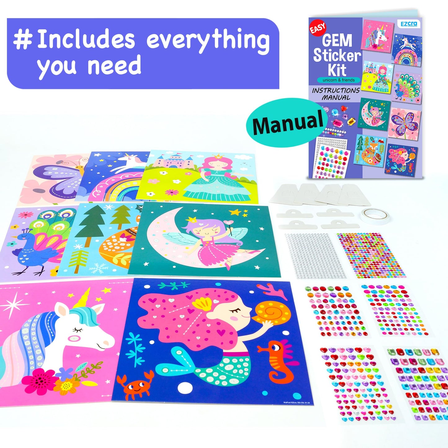 EZCRA Easy Arts and Crafts for Kids - Fun Gem Sticker Kit - 8 Unicorn Princess Themes, 990+ Stickers - Gem Art for Kids - Diamon