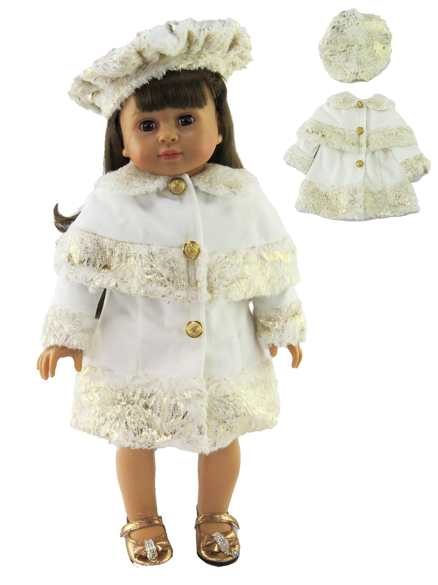 American Fashion World White and Gold Coat for 18-Inch Dolls | Hat Included | enhanced Quality & Trendy Design | Dolls Clothes | Outfit Fashions for Dolls for Popular Brands