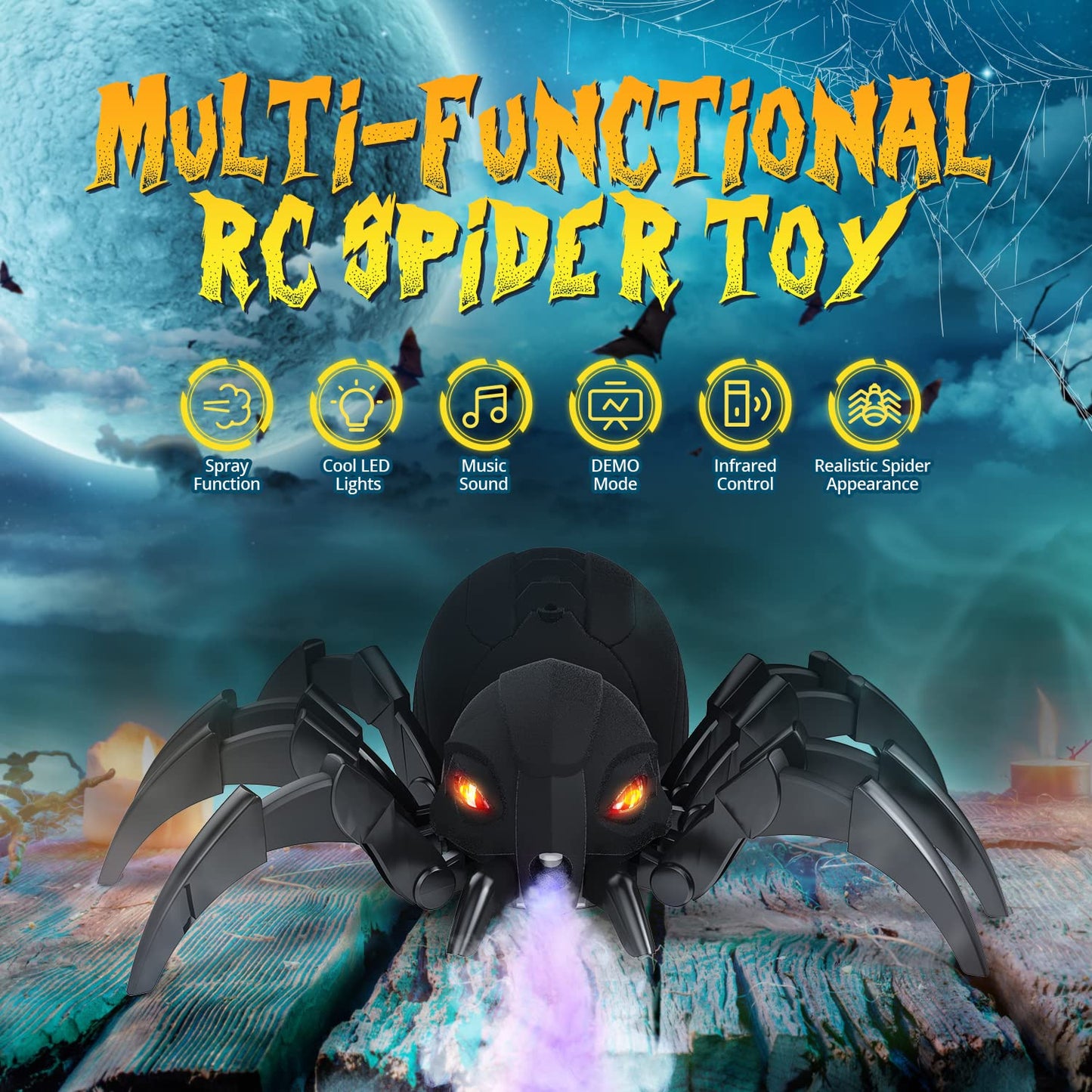 DEERC Remote Control Spider Robot - Black Widow Toy with Spray & Lights, Model DE80-UK4, Perfect for Halloween & Kids' Parties