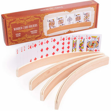 4-Pack Premium Wooden Card Holders | Holds Up To 20 Cards Hands-Free | Curved Wood Playing Card Organizer For Adults, Kids, & Se