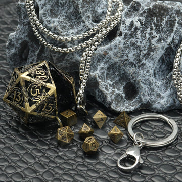 PJOY Mini Dice Set Tiny DND Dice with Bronze Hollow D20 Necklace Case D&D Portable 7PCS Keychain Antique Bronze Metal Dice Set f