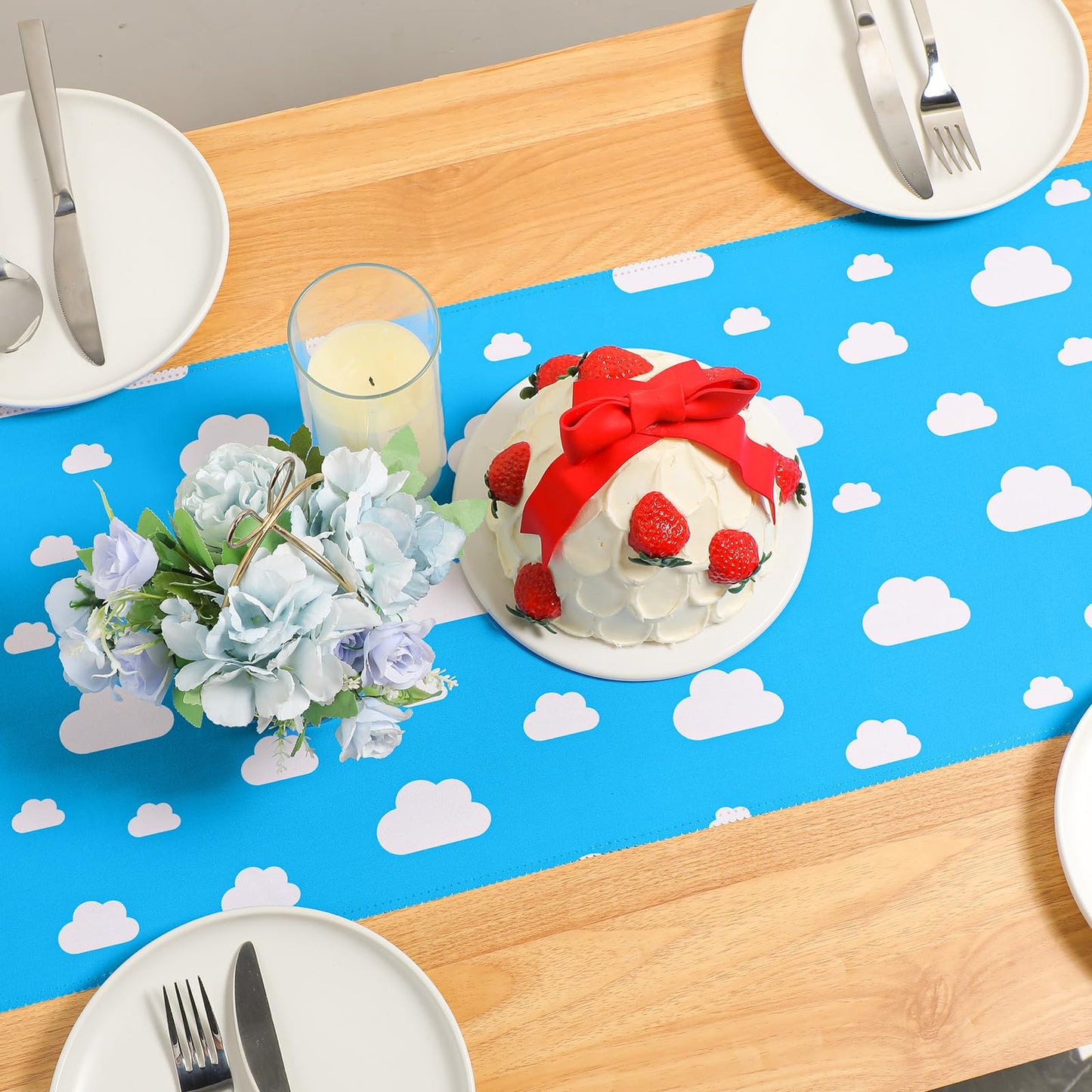 Oudain Cartoon Story Table Runner 13 x 72 Inch Blue Sky White Cloud Tablecloth Party Supplies Table Decor for Baby Shower Boy Gi